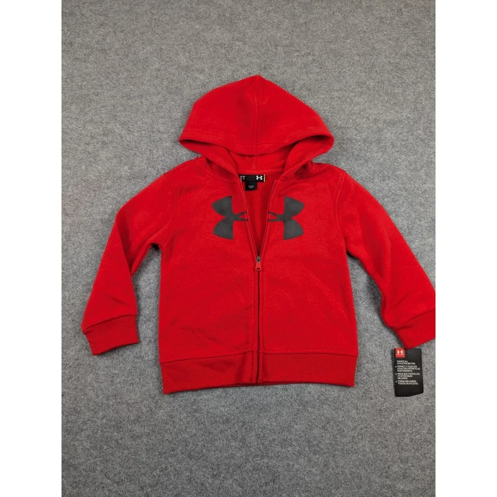 Under Armour Kids Red Full Zip Fleece Hoodie Oversized Logo Sweatshirt 2T